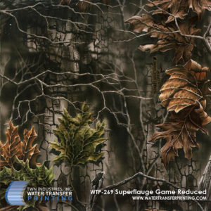 SuperFlauge Game™ Reduced Water Transfer Printing film is a dynamic forest and leaf motif brought to you by Lynch™. This woodland camouflage was designed with both hand painted and digital imagery to provide ultimate forest concealment.