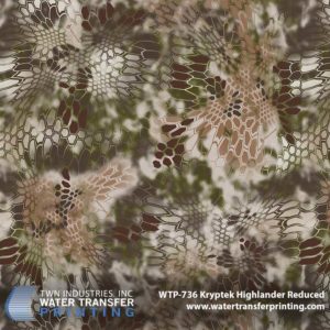 Kryptek® Highlander Reduced features the same coloration and design as the original Kryptek® Highlander Water Transfer Printing film. The pattern is specifically designed to perform in varied elevations. Kryptek Highlander Reduced is 25% the size of full scale Kryptek® patterns. This reduction in scale allows for the processing of smaller parts and ensures every little detail is retained during the decoration process.